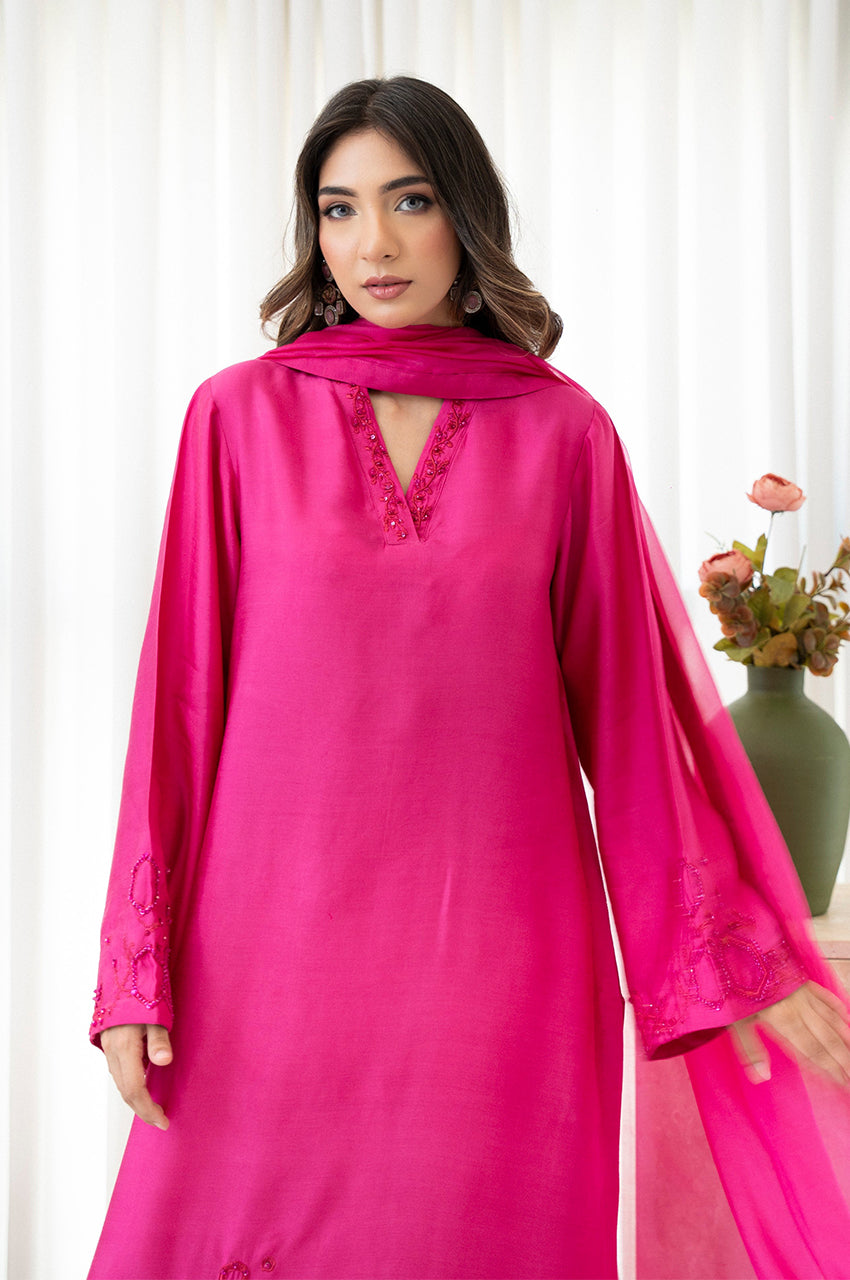 Liyaana From Nizka By Nida Rehan RTW Hand work Raw Silk 2 Piece Suit Rosette Blush - Festive Collection