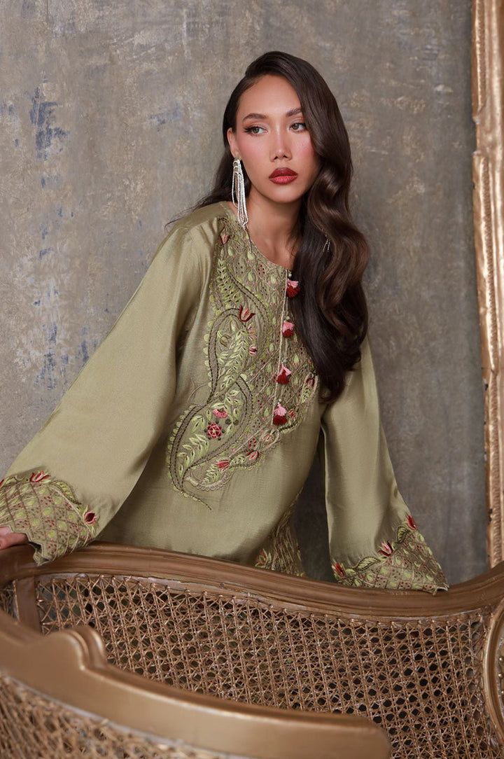 Liyaana From Nizka By Nida Rehan RTW Embroidered Butter Silk 3 Piece Suit Olivaire - Festive Collection