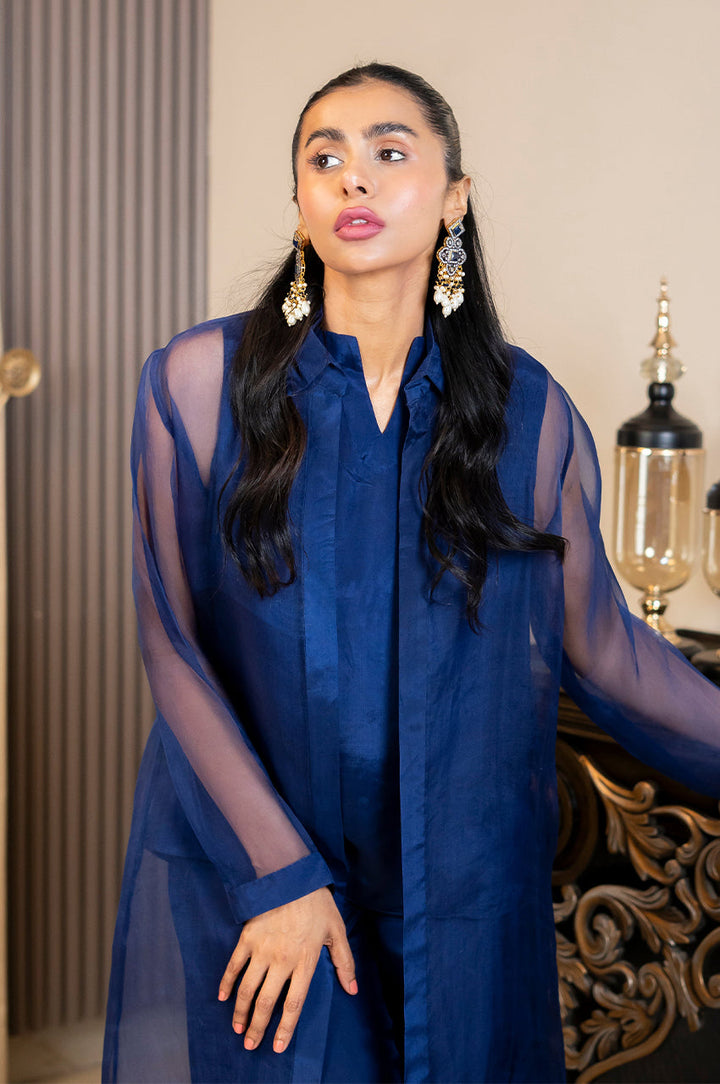 Liyaana From Nizka By Nida Rehan RTW Solids Organza & Silk 3 Piece Suit Royyale sapphire - Festive Collection