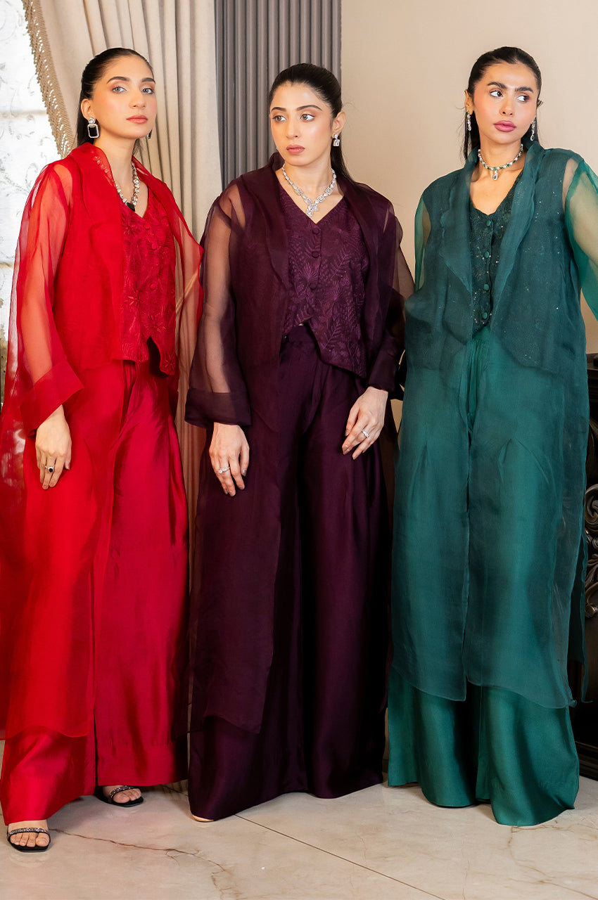 Liyaana From Nizka By Nida Rehan RTW Solids Silk & Organza 3 Piece Suit Plum Majesty - Festive Collection