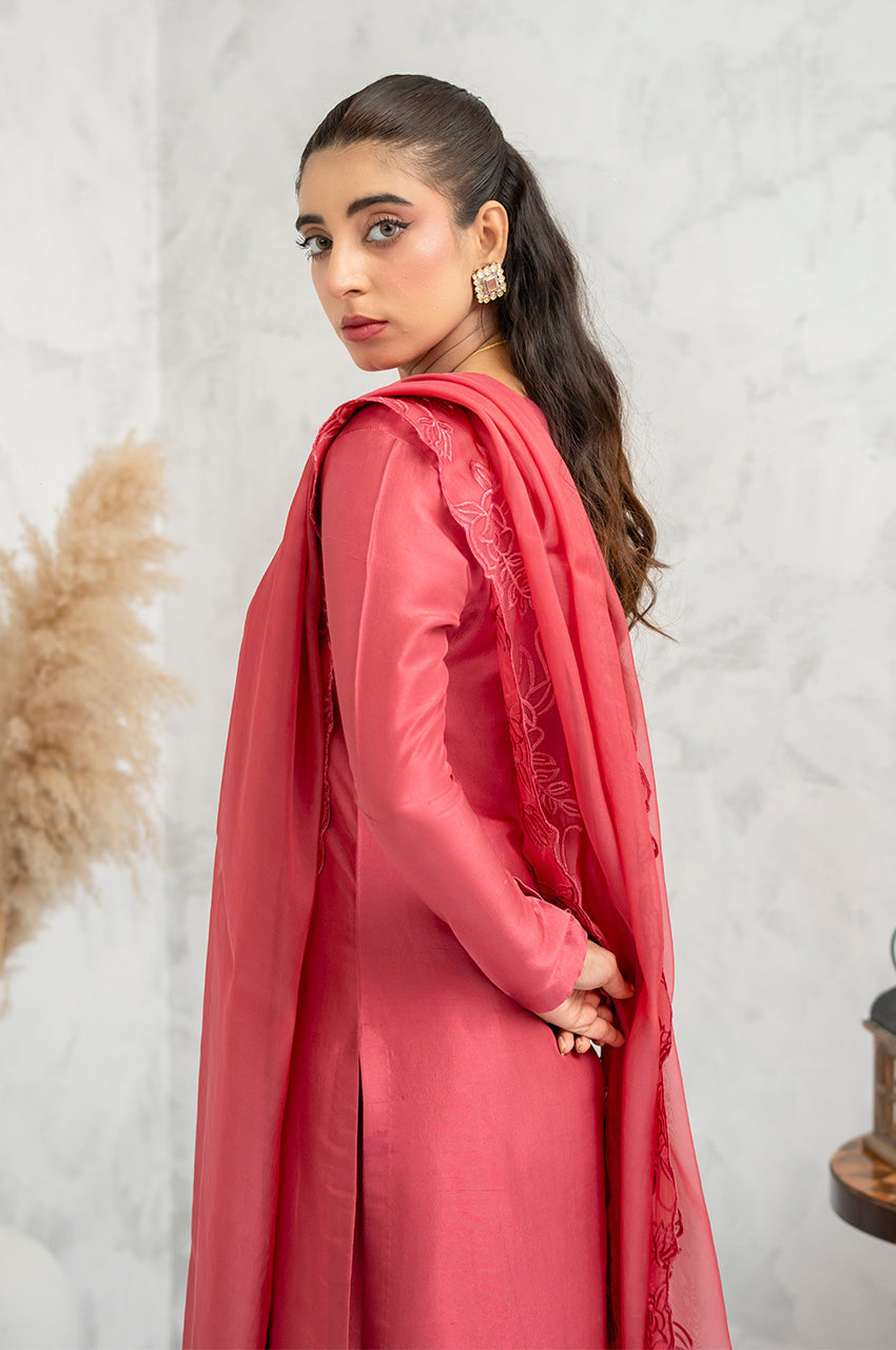 Liyaana From Nizka By Nida Rehan RTW Solids Silk and Chiffon 3 Piece Suit Rosewood Veil - Festive Collection