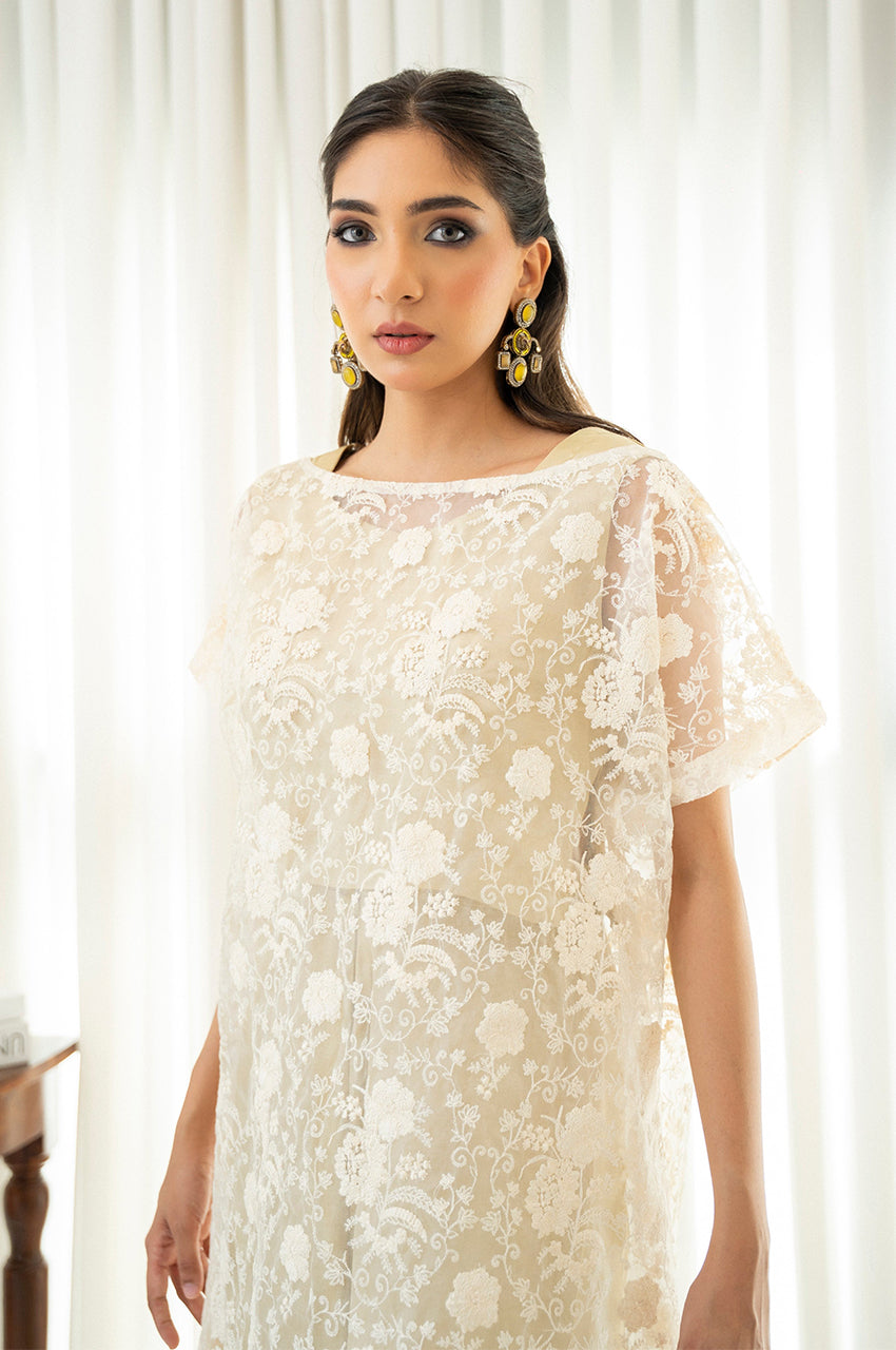 Liyaana From Nizka By Nida Rehan RTW Embroidered Shimmer Silk 2 Piece Suit Champagne Grace - Festive Collection