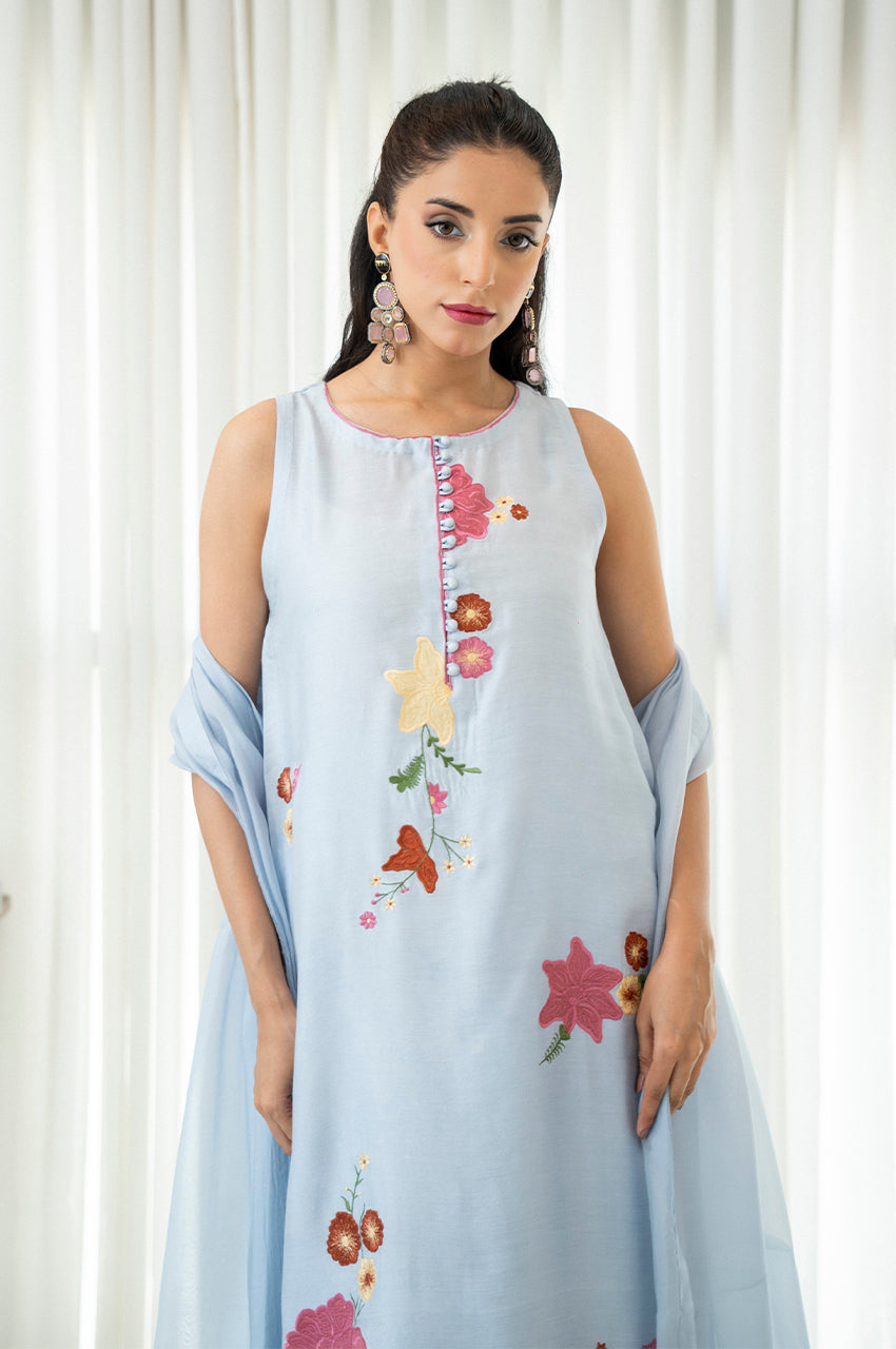 Liyaana From Nizka By Nida Rehan RTW Embroidered Silk Blend 2 Piece Suit Sky Blossom - Festive Collection