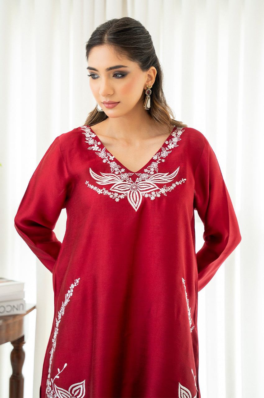 Liyaana From Nizka By Nida Rehan RTW Embroidered Silk Blend 3 Piece Suit Crimson Charm - Festive Collection