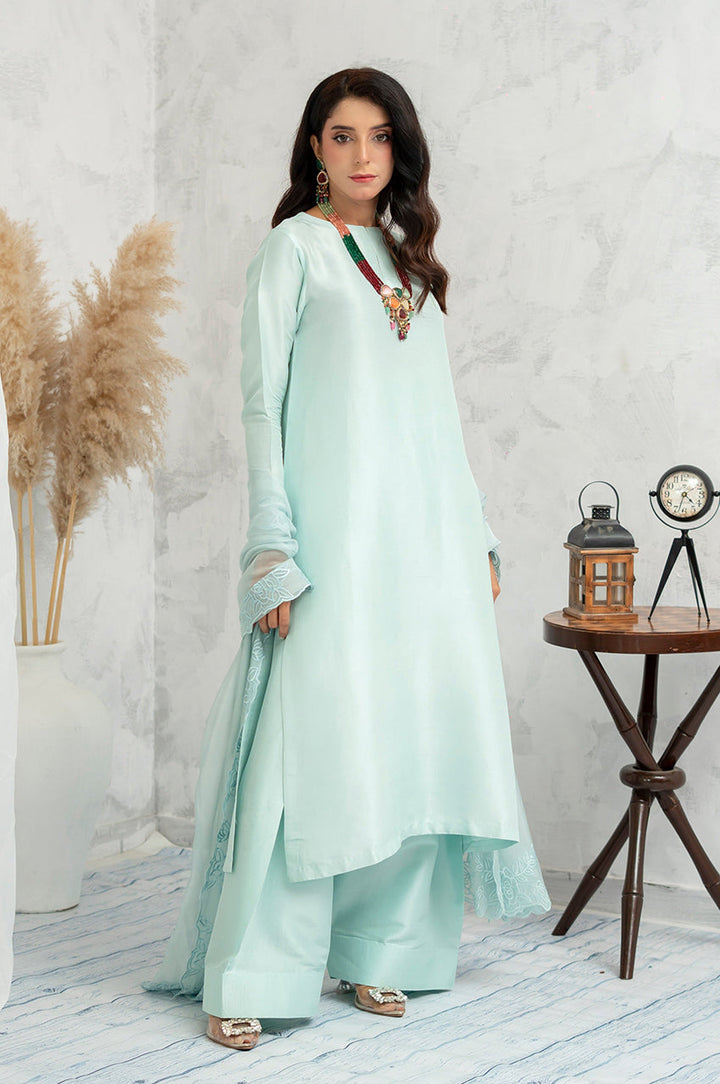 Liyaana From Nizka By Nida Rehan RTW Solids Organza Silk 3 Piece Suit Ice Serenity - Festive Collection