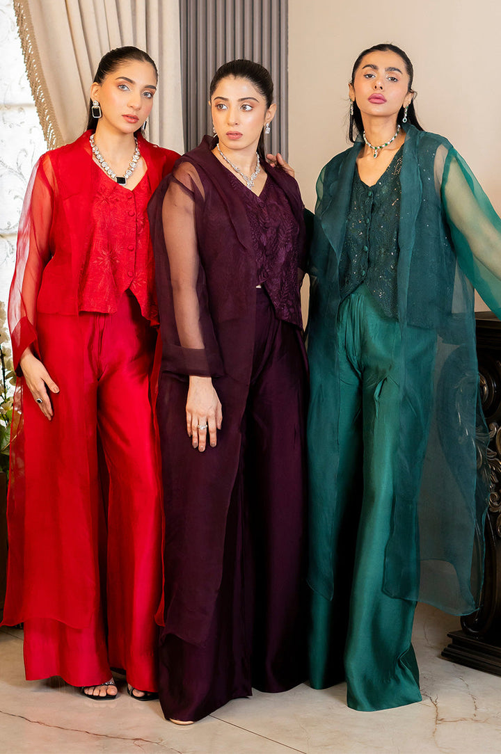 Liyaana From Nizka By Nida Rehan RTW Solids Silk & Organza 3 Piece Suit Scarlet Veil - Festive Collection