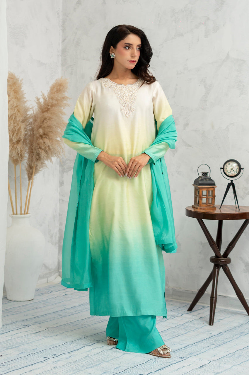 Liyaana From Nizka By Nida Rehan RTW Solids Silk and Organza 3 Piece Suit Ocean Bloom - Festive Collection