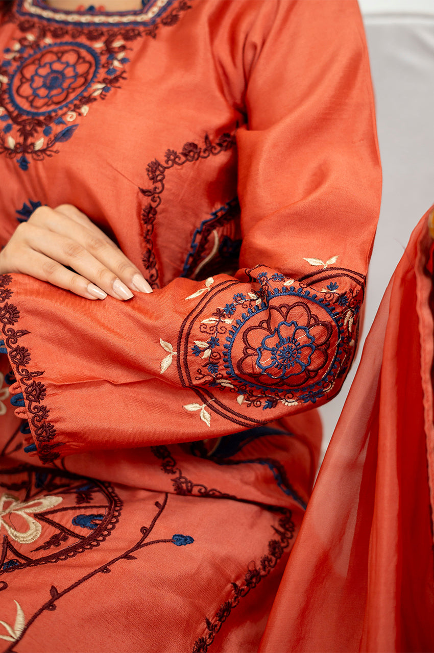 Liyaana From Nizka By Nida Rehan RTW Embroidered Khaddi Silk 3 Piece Suit Tangerine Heritage - Festive Collection