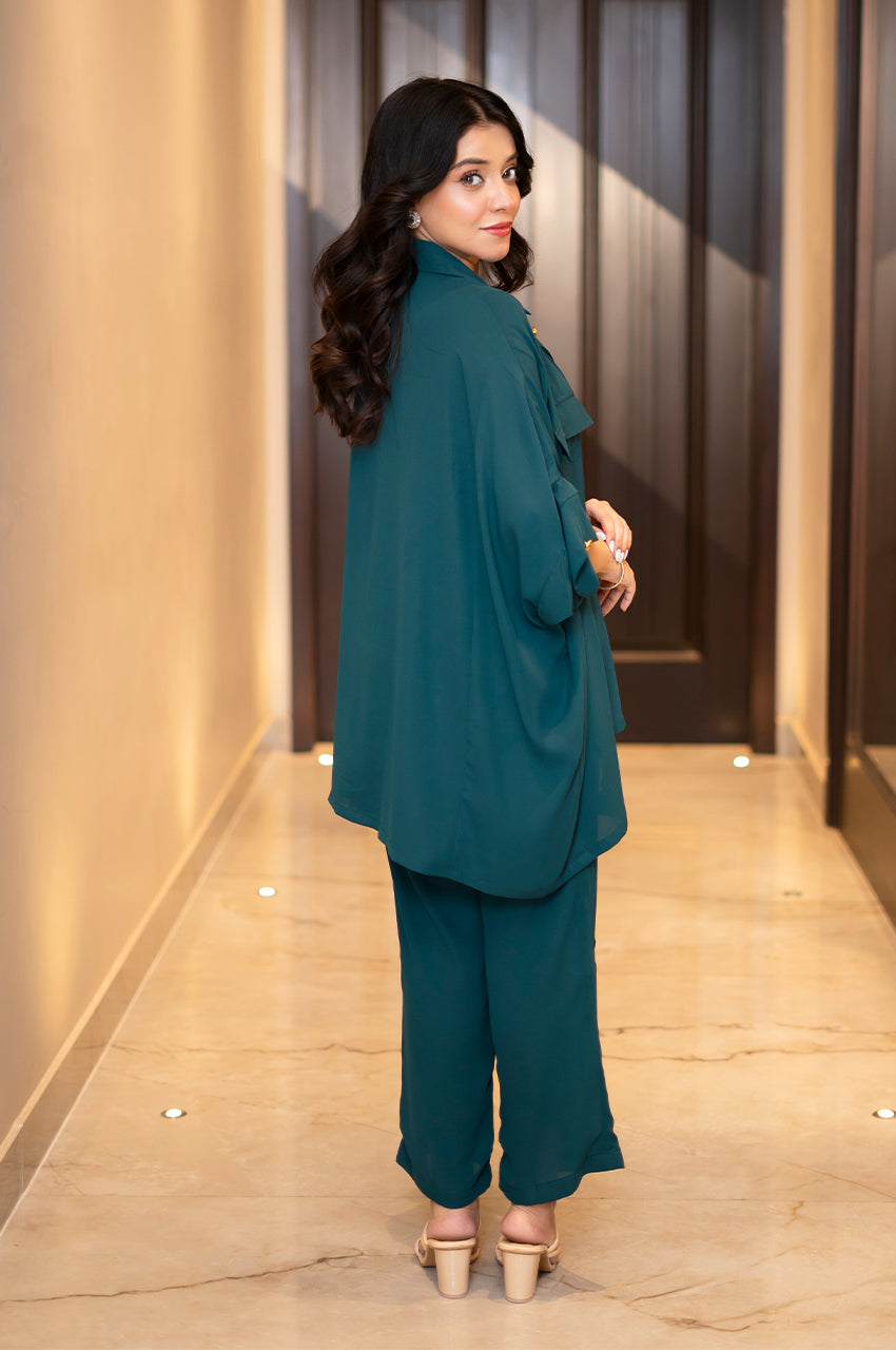 Liyaana From Nizka By Nida Rehan RTW Solids Butter Silk 2 Piece Suit Emerald Luxe - Casual Collection