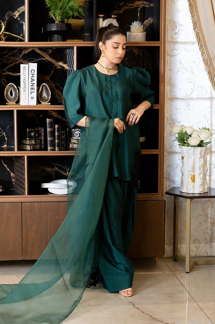 Liyaana From Nizka By Nida Rehan RTW Solids Silk & Organza 3 Piece Suit Emerald Enchant - Festive Collection