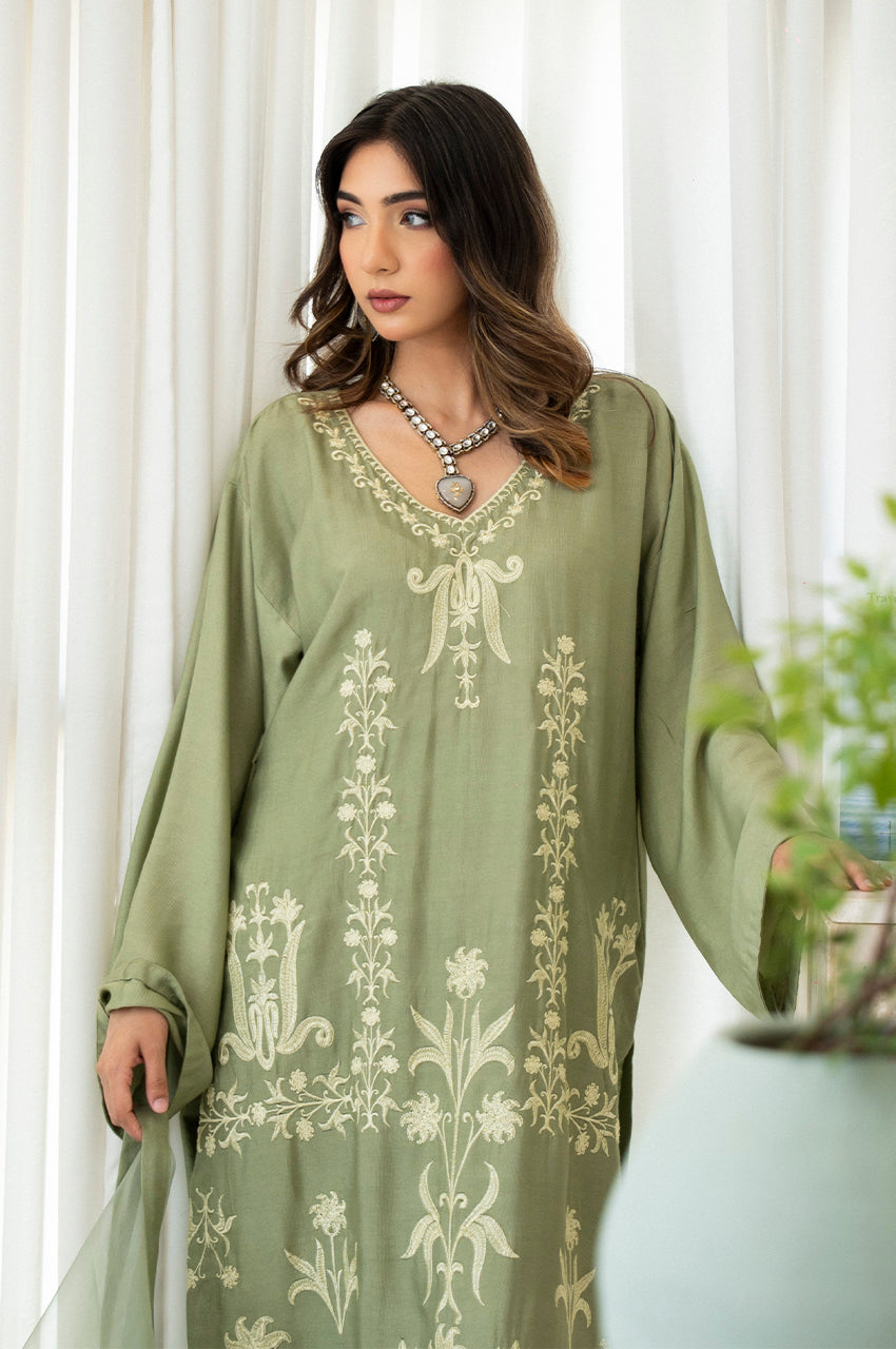 Liyaana From Nizka By Nida Rehan RTW Embroidered Organza and Silk 3 Piece Suit Sage Elysia - Festive Collection