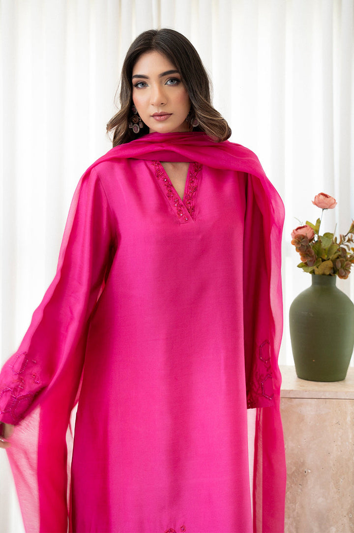 Liyaana From Nizka By Nida Rehan RTW Hand work Raw Silk 2 Piece Suit Rosette Blush - Festive Collection