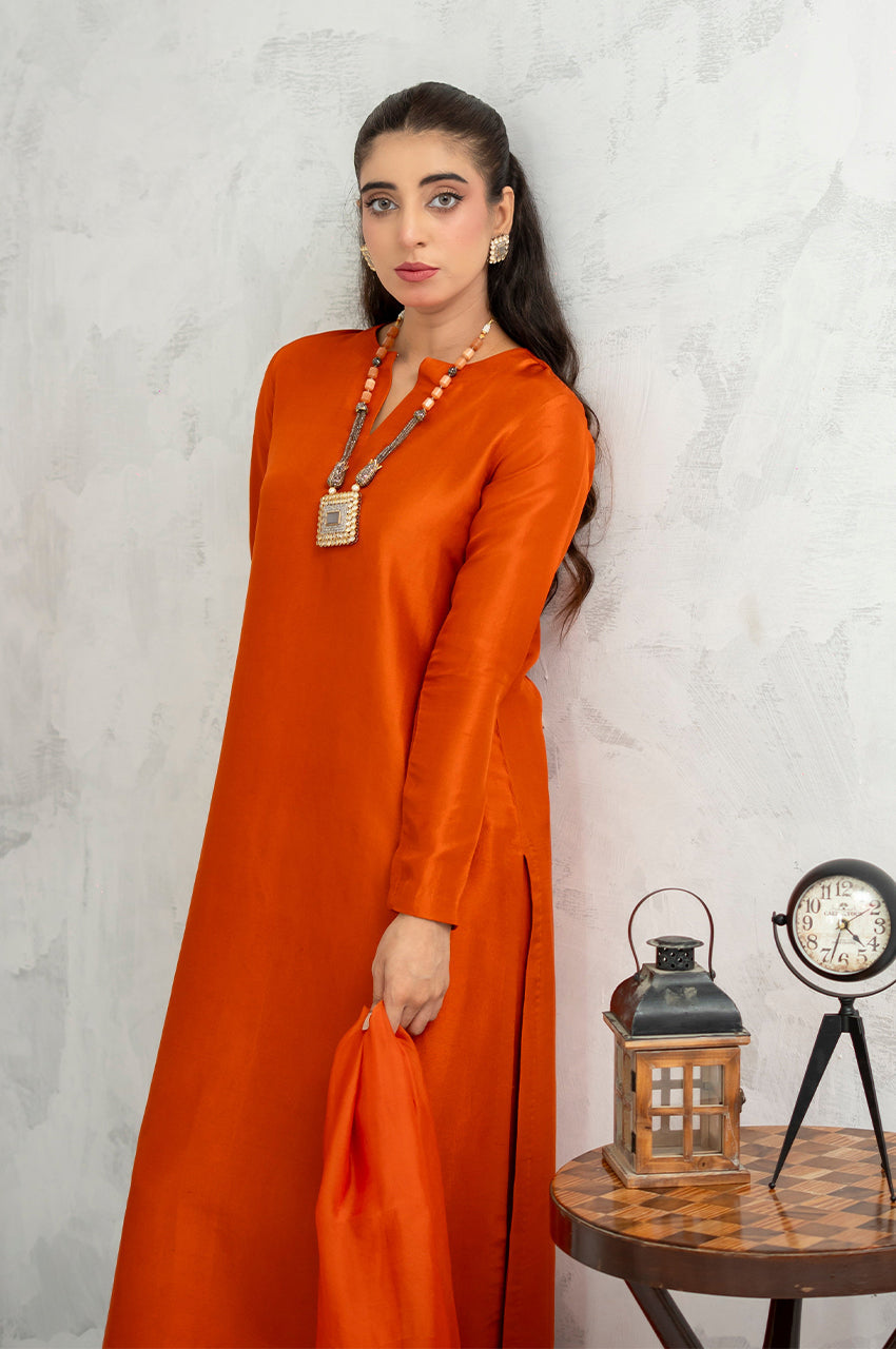 Liyaana From Nizka By Nida Rehan RTW Solids Silk Blend 2 Piece Suit Sunset Flame - Festive Collection