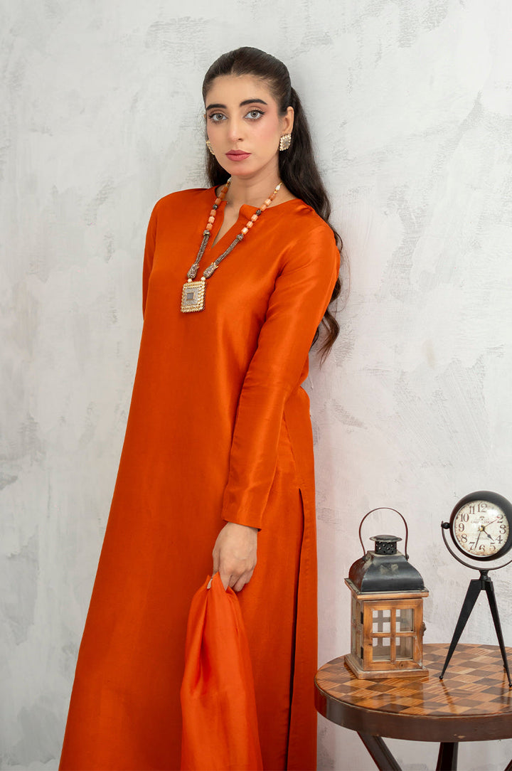 Liyaana From Nizka By Nida Rehan RTW Solids Silk Blend 2 Piece Suit Sunset Flame - Festive Collection