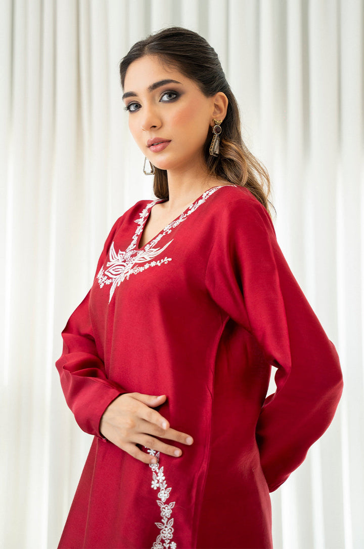 Liyaana From Nizka By Nida Rehan RTW Embroidered Silk Blend 3 Piece Suit Crimson Charm - Festive Collection