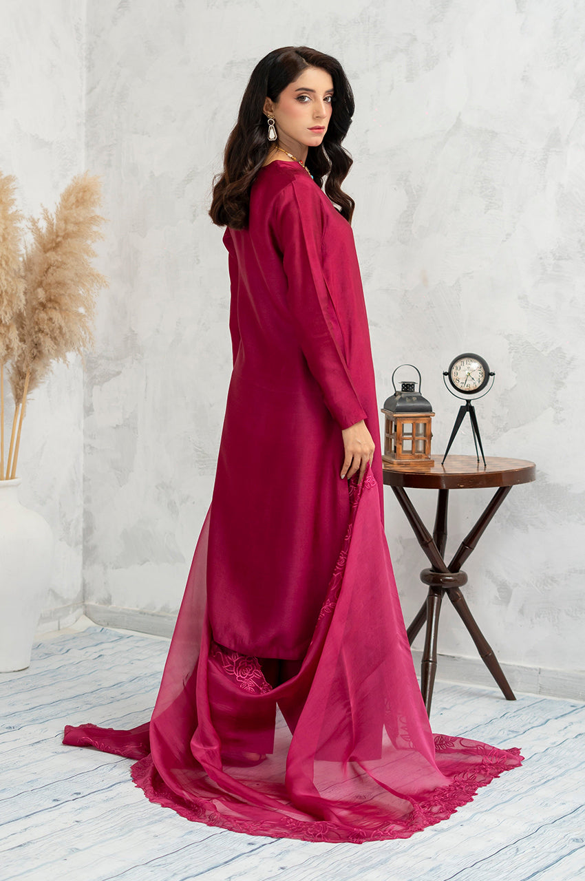 Liyaana From Nizka By Nida Rehan RTW Solids Luxury Silk Blend 2 Piece Suit Ruby Aura - Festive Collection