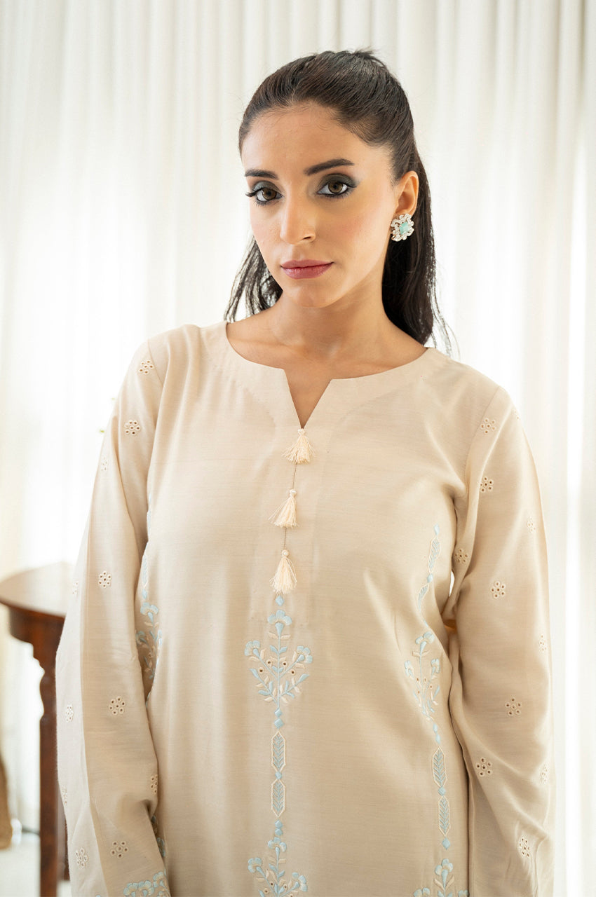 Liyaana From Nizka By Nida Rehan RTW Embroidered Raw Silk 3 Piece Suit Ivory Grace - Festive Collection