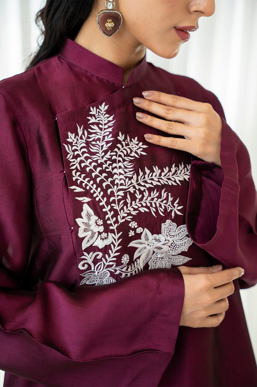 Liyaana From Nizka By Nida Rehan RTW Embroidered Silk Blend 2 Piece Suit Crimson Fern - Festive Collection