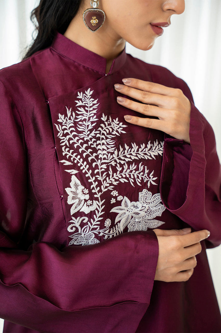 Liyaana From Nizka By Nida Rehan RTW Embroidered Silk Blend 2 Piece Suit Crimson Fern - Festive Collection