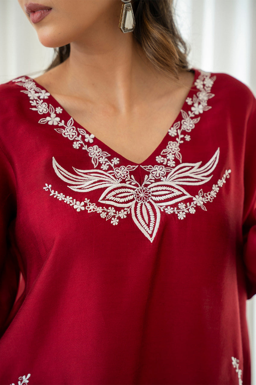 Liyaana From Nizka By Nida Rehan RTW Embroidered Silk Blend 3 Piece Suit Crimson Charm - Festive Collection