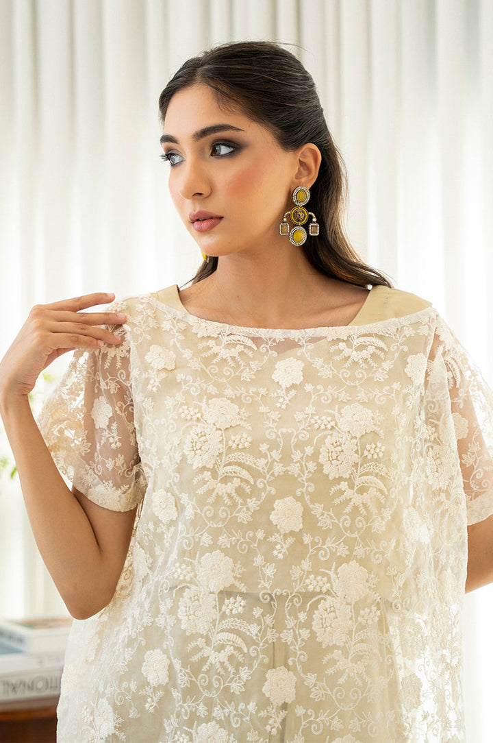Liyaana From Nizka By Nida Rehan RTW Embroidered Shimmer Silk 2 Piece Suit Champagne Grace - Festive Collection