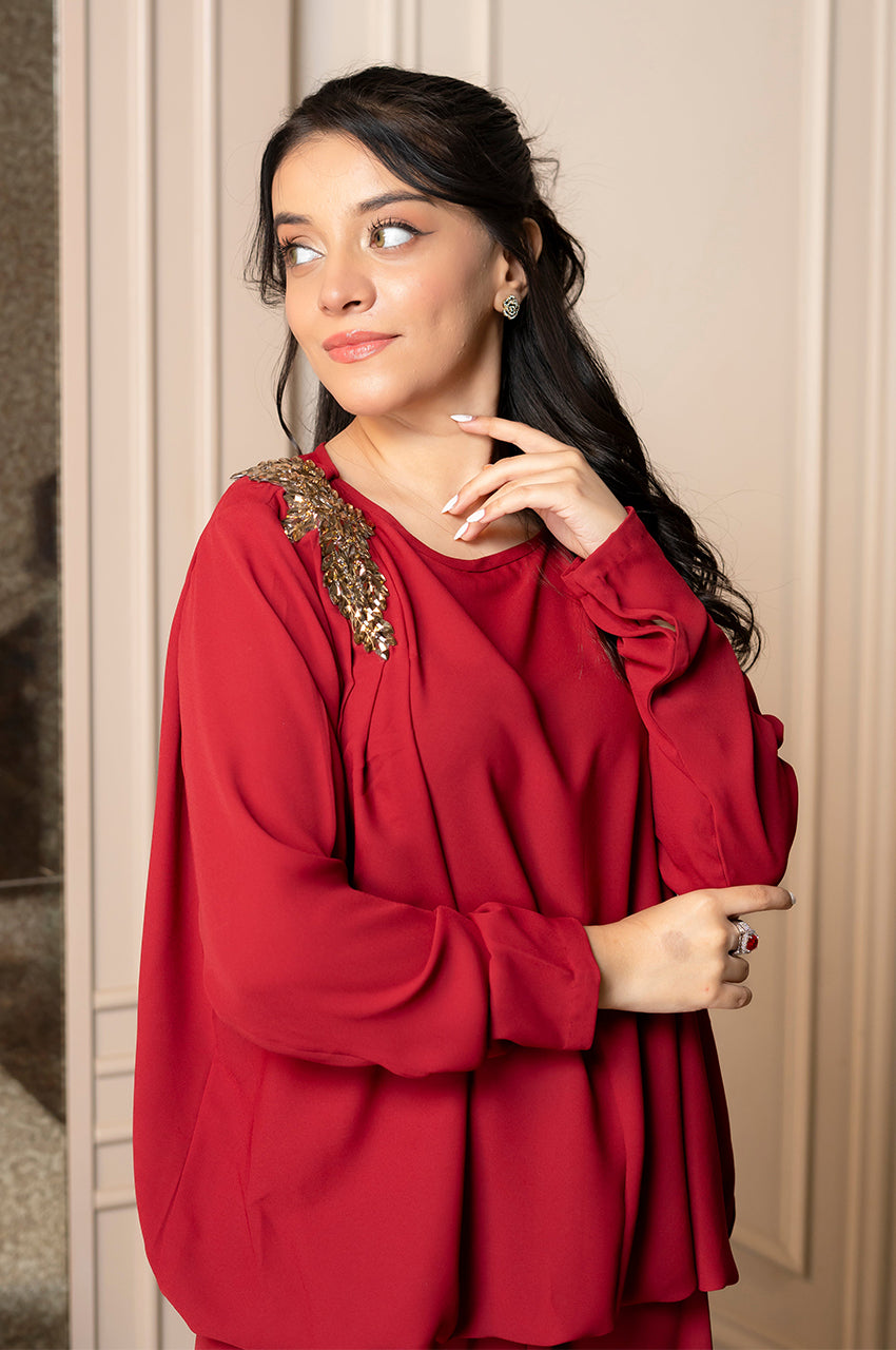 Liyaana From Nizka By Nida Rehan RTW Solids Premium Georgette 2 Piece Suit Scarlet Elegance - Casual Collection