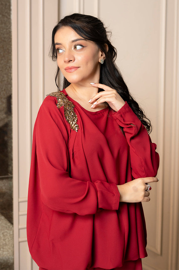 Liyaana From Nizka By Nida Rehan RTW Solids Premium Georgette 2 Piece Suit Scarlet Elegance - Casual Collection