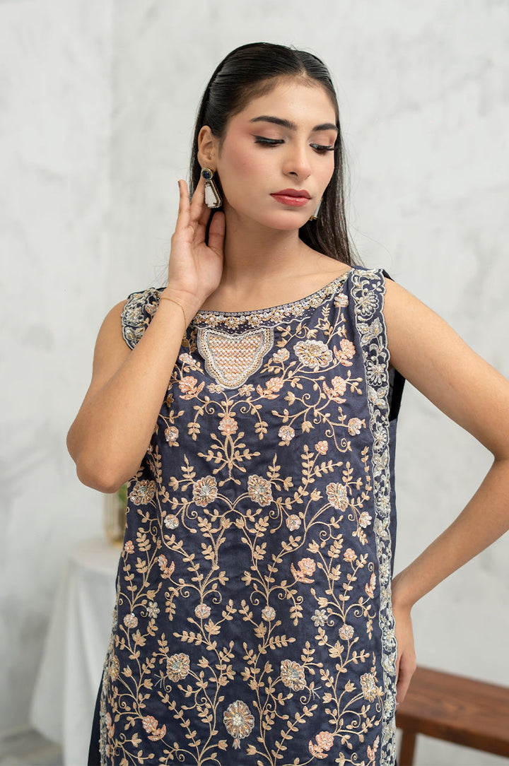 Liyaana From Nizka By Nida Rehan RTW Embroidered Heavy Silk 3 Piece Suit Midnight Ivy - Festive Collection