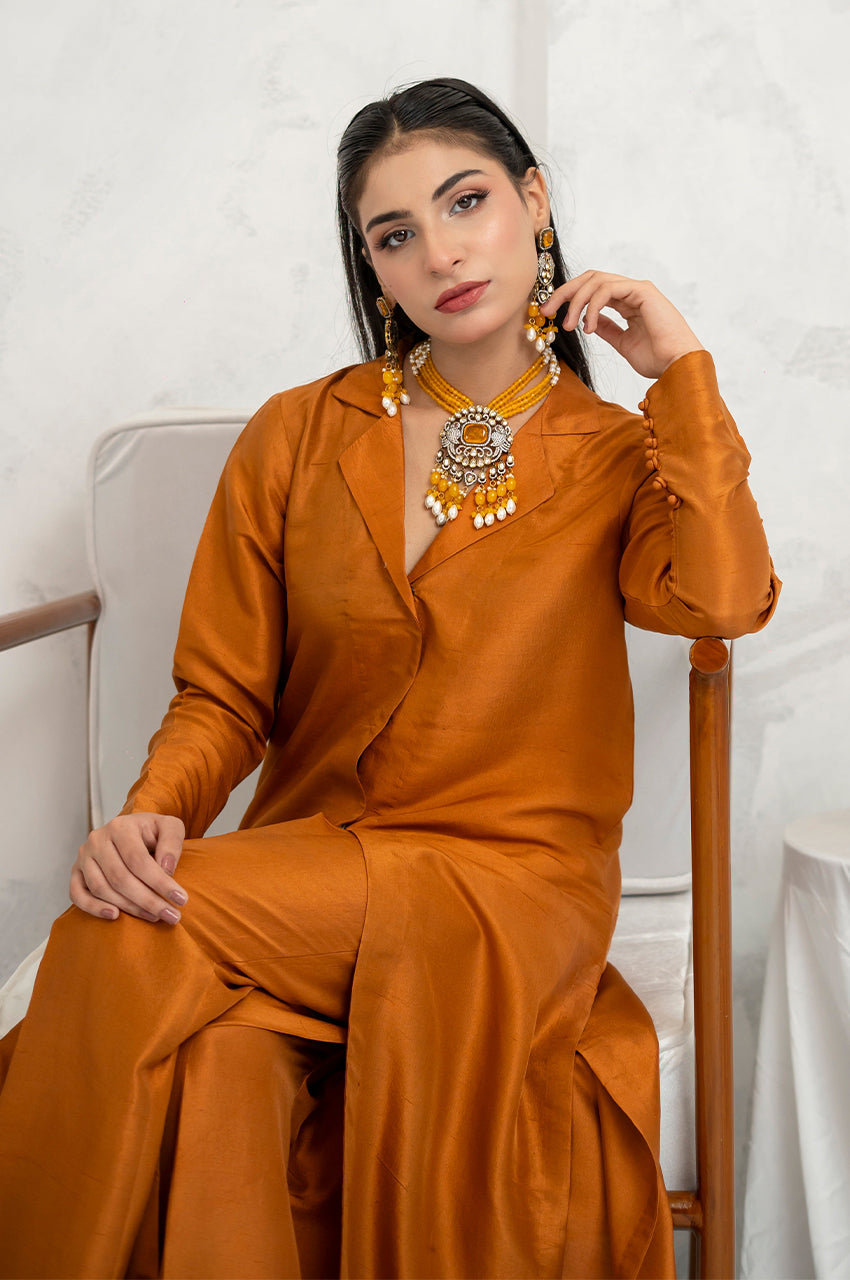 Liyaana From Nizka By Nida Rehan RTW Solids Butter Silk 2 Piece Suit Sienna Gold - Festive Collection