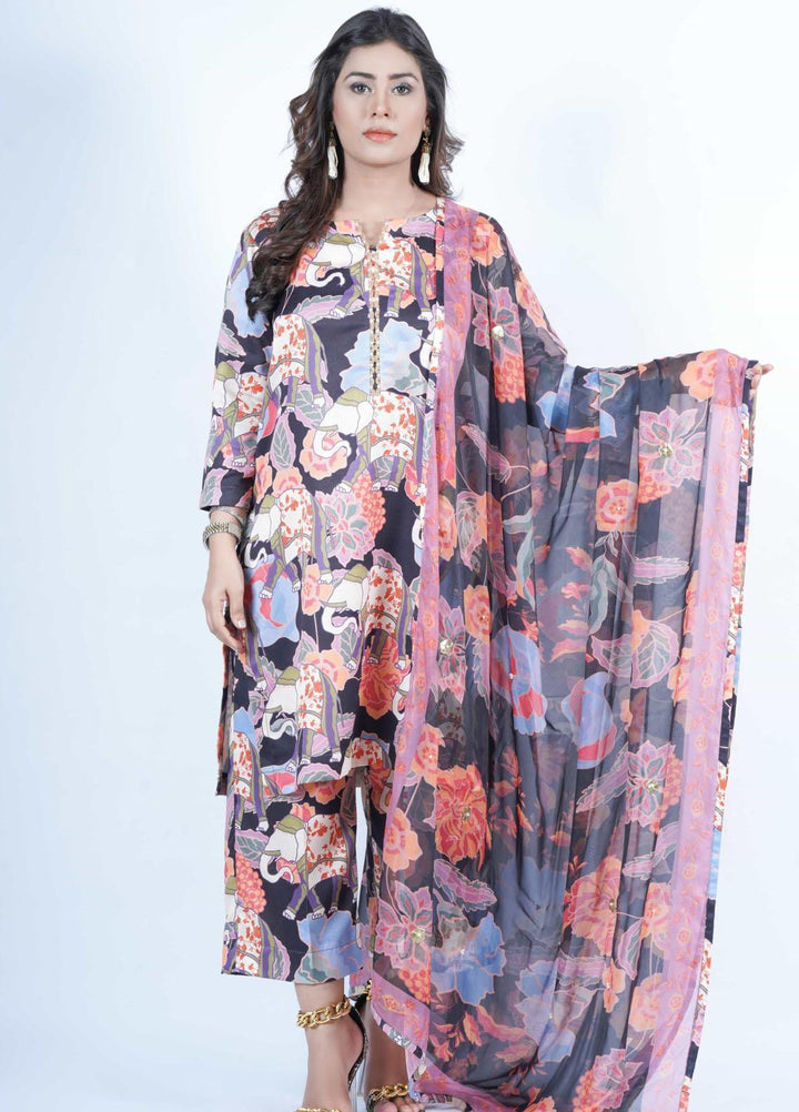 Vibgyor Fashion Pret Formal Corduroy 3 Piece Suit D10-C2-23S FLORAL MUGHAL BLACK