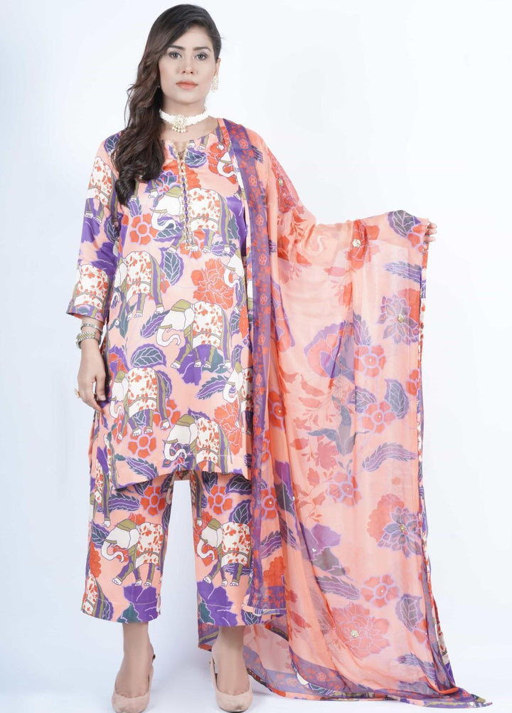 Vibgyor Fashion Pret Formal Corduroy 3 Piece Suit D10-C1-23S FLORAL MUGHAL ORANGE