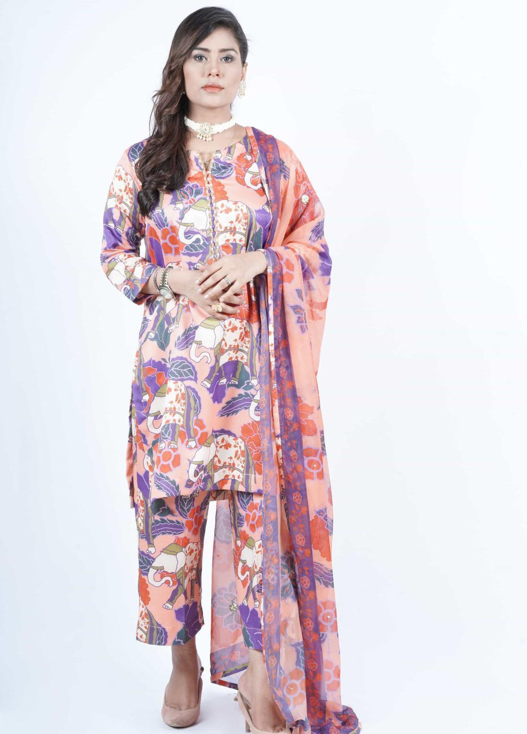 Vibgyor Fashion Pret Formal Corduroy 3 Piece Suit D10-C1-23S FLORAL MUGHAL ORANGE