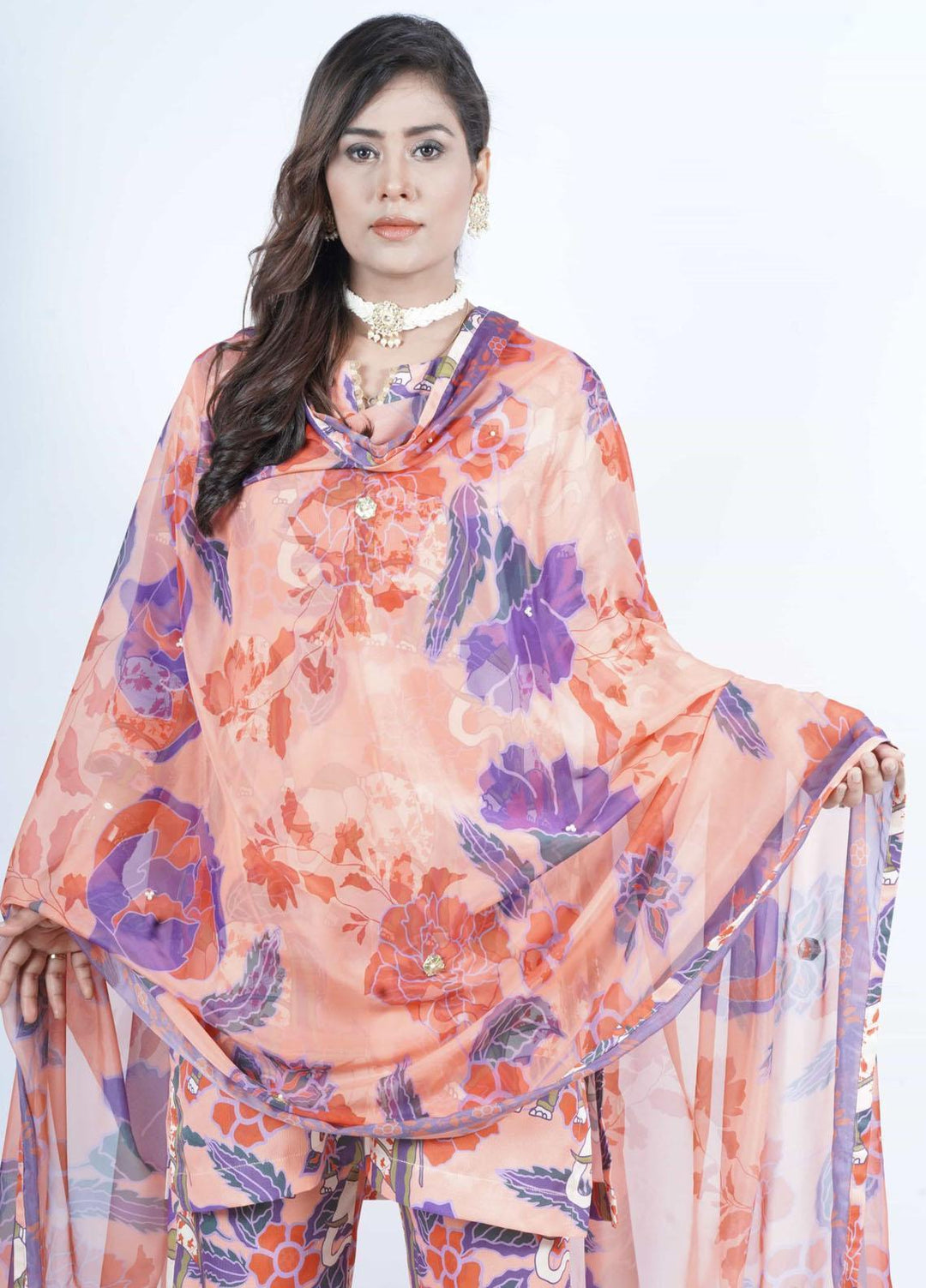 Vibgyor Fashion Pret Formal Corduroy 3 Piece Suit D10-C1-23S FLORAL MUGHAL ORANGE