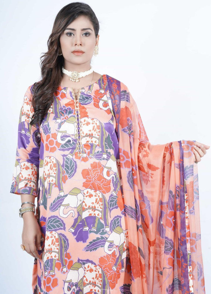 Vibgyor Fashion Pret Formal Corduroy 3 Piece Suit D10-C1-23S FLORAL MUGHAL ORANGE