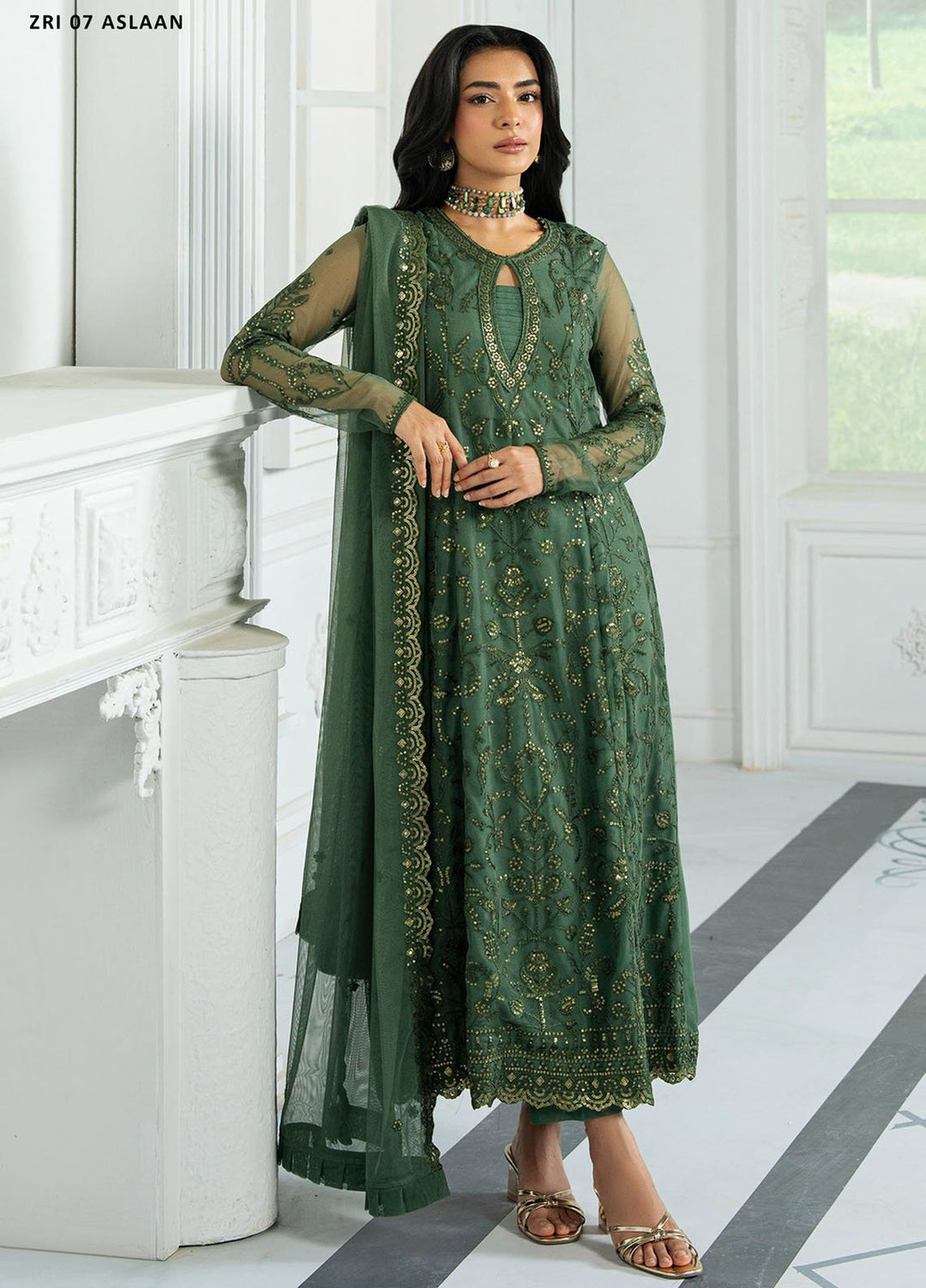 Inara by Zarif Embroidered Net Suits Unstitched 3 Piece ZR25UF ZRI-07 Aslaan - Formals Collection