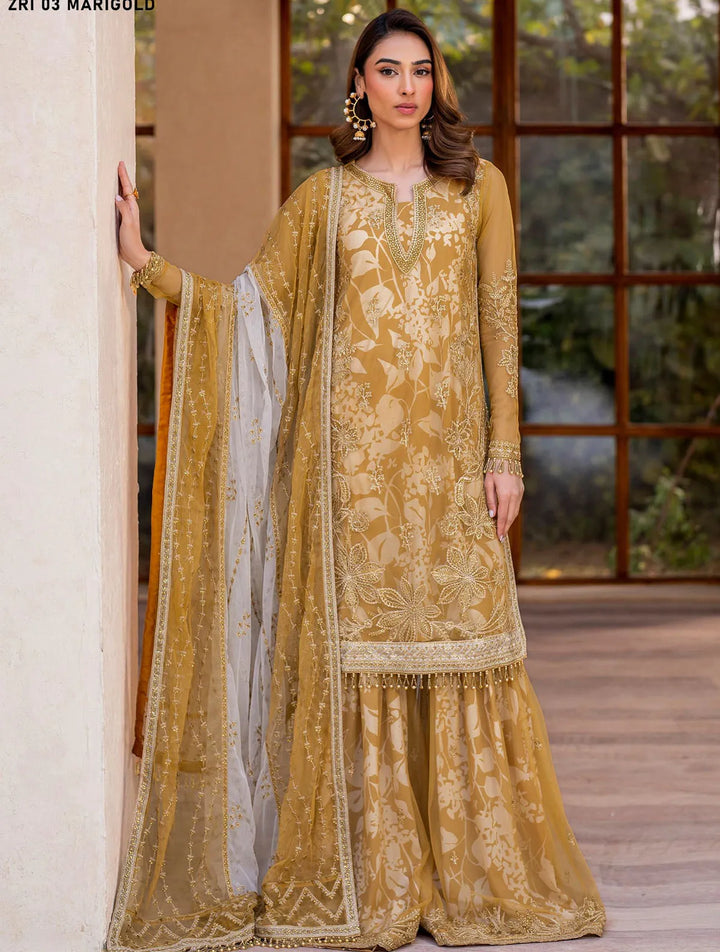 Iris by Zarif Embroidered Net Suits Unstitched 3 Piece ZF24IE ZRI 03 Marigold - Formal Collection