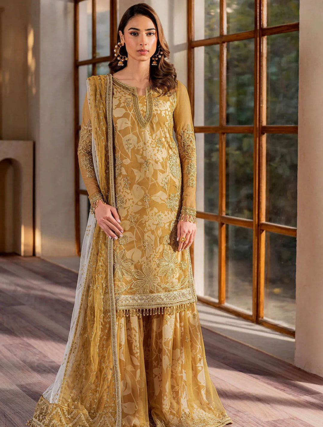 Iris by Zarif Embroidered Net Suits Unstitched 3 Piece ZR25UF ZRI 03 Marigold - Formal Collection