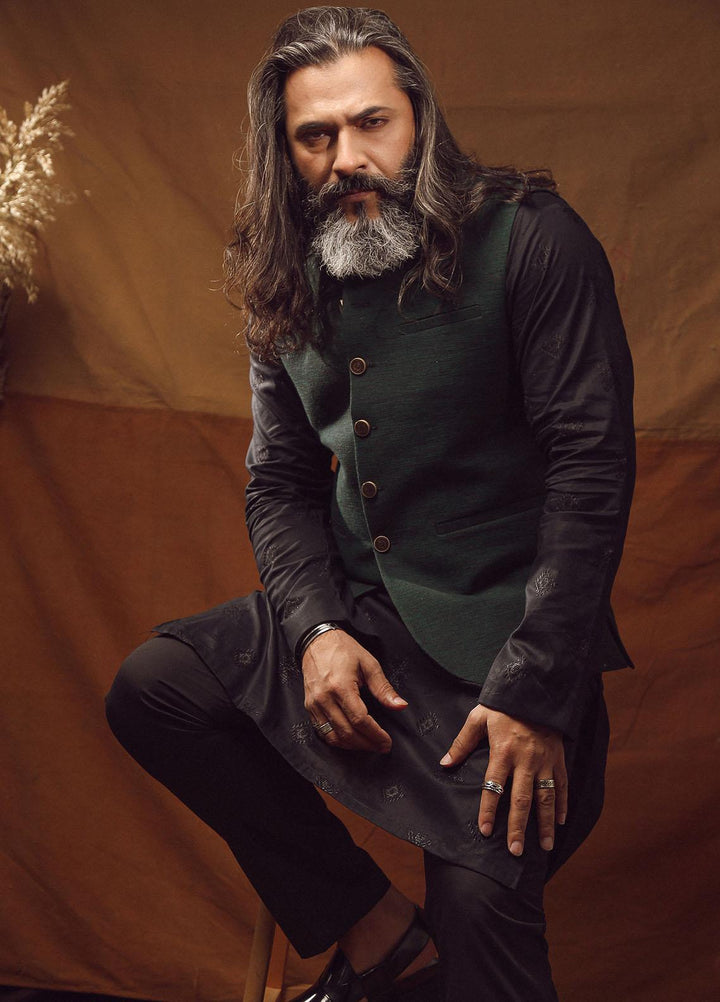 Istor Cotton Formal Waistcoat for Men -  IST-61 Hand Made Khaddar Bottle Green