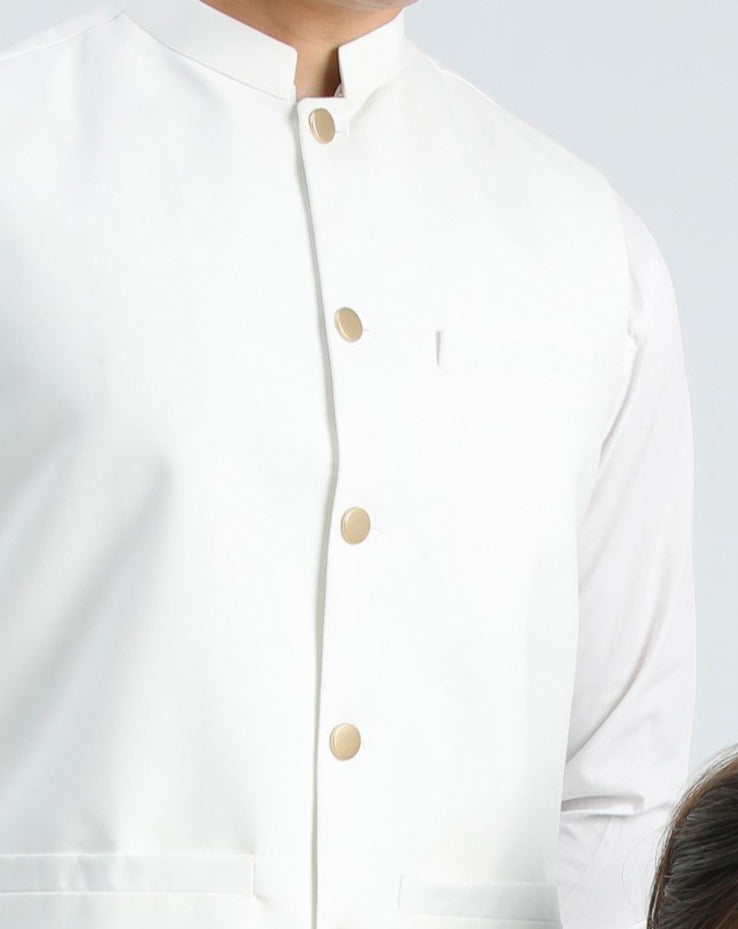 Muraqsh Ready To Wear Solids Cotton Men Ivory Kameez Shalwar with Off White Suiting Waistcoat Round Cut MUR-IW-KS - Summer Collection