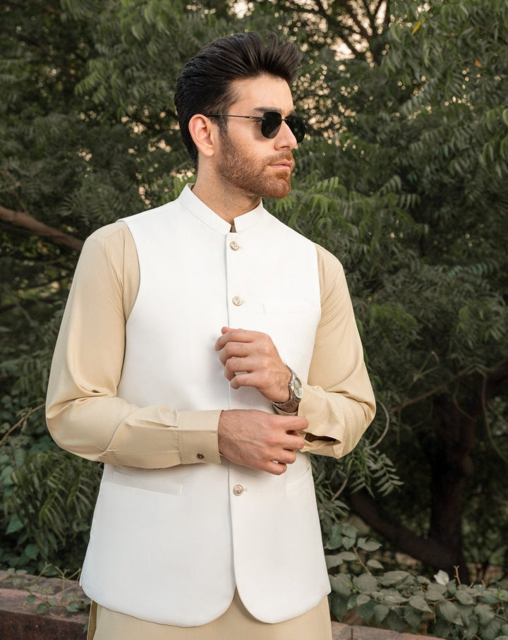 Muraqsh Ready To Wear Solids Cotton Men Ivory Kameez Shalwar with Off White Suiting Waistcoat Round Cut MUR-IW-KS - Summer Collection