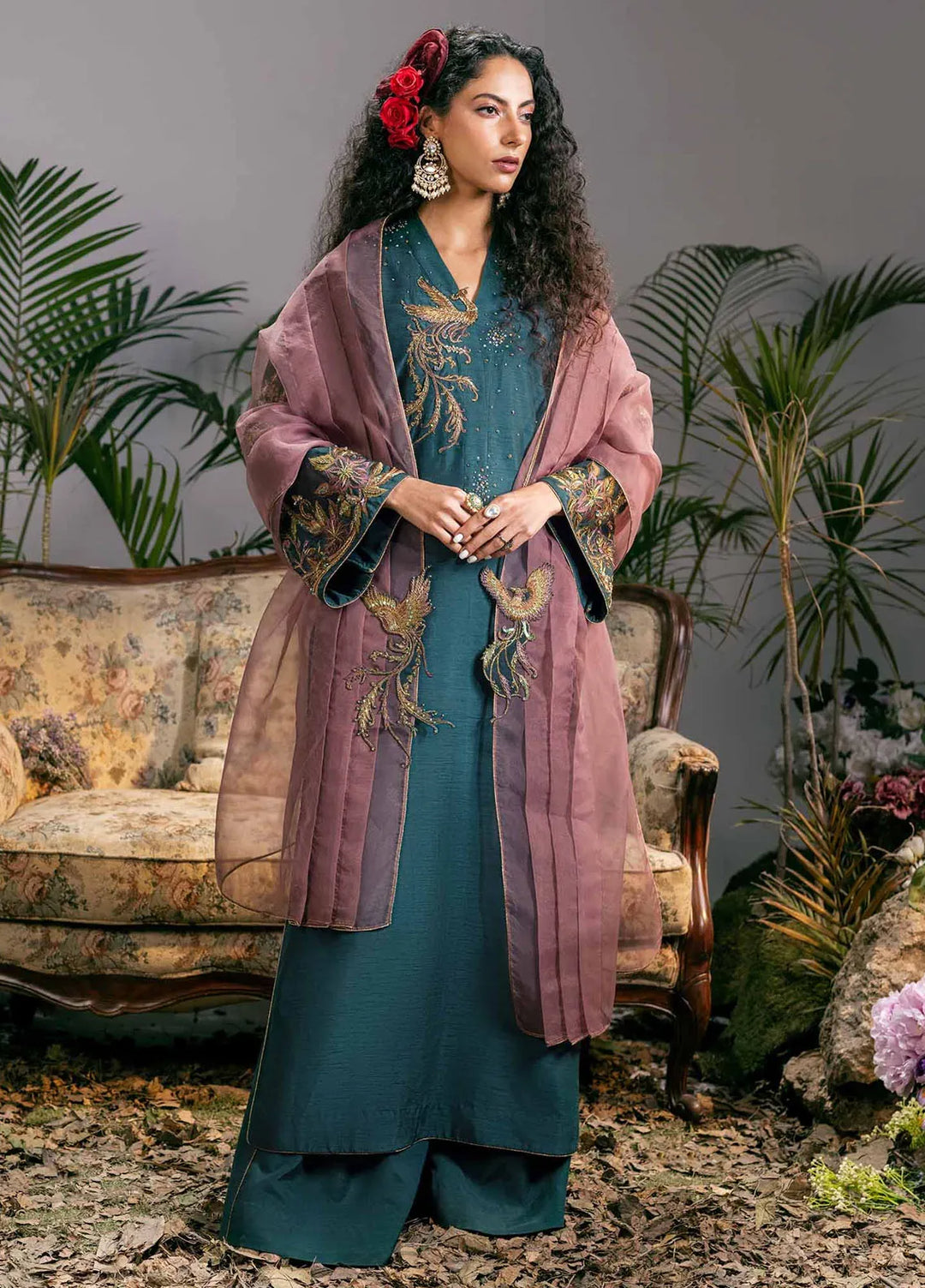 Jamnii Pret Embroidered Korean Silk 3 Piece Suit Mystical Avian