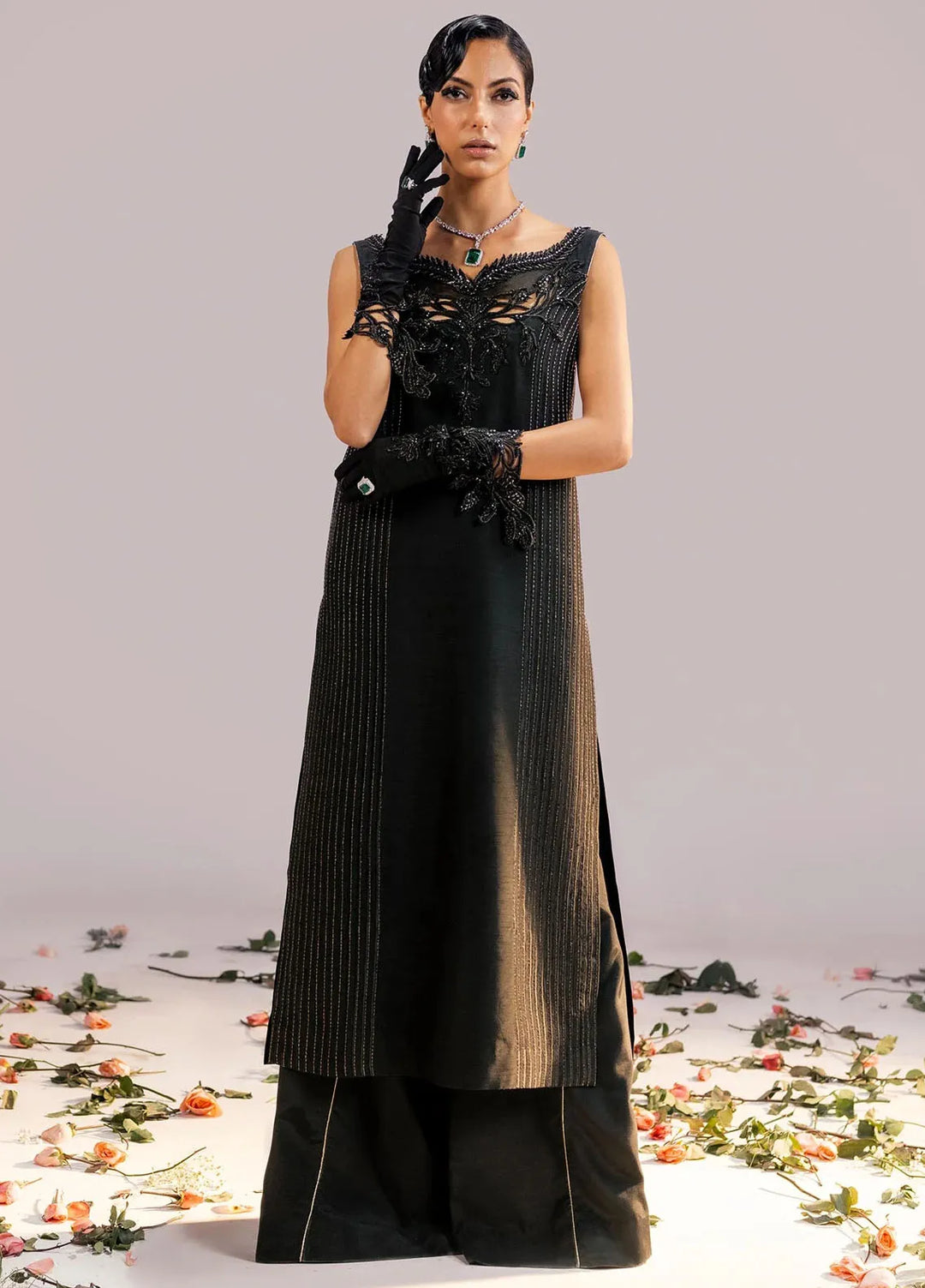 Jamnii Pret Embroidered Raw Silk 3 Piece Suit Dark Canvous