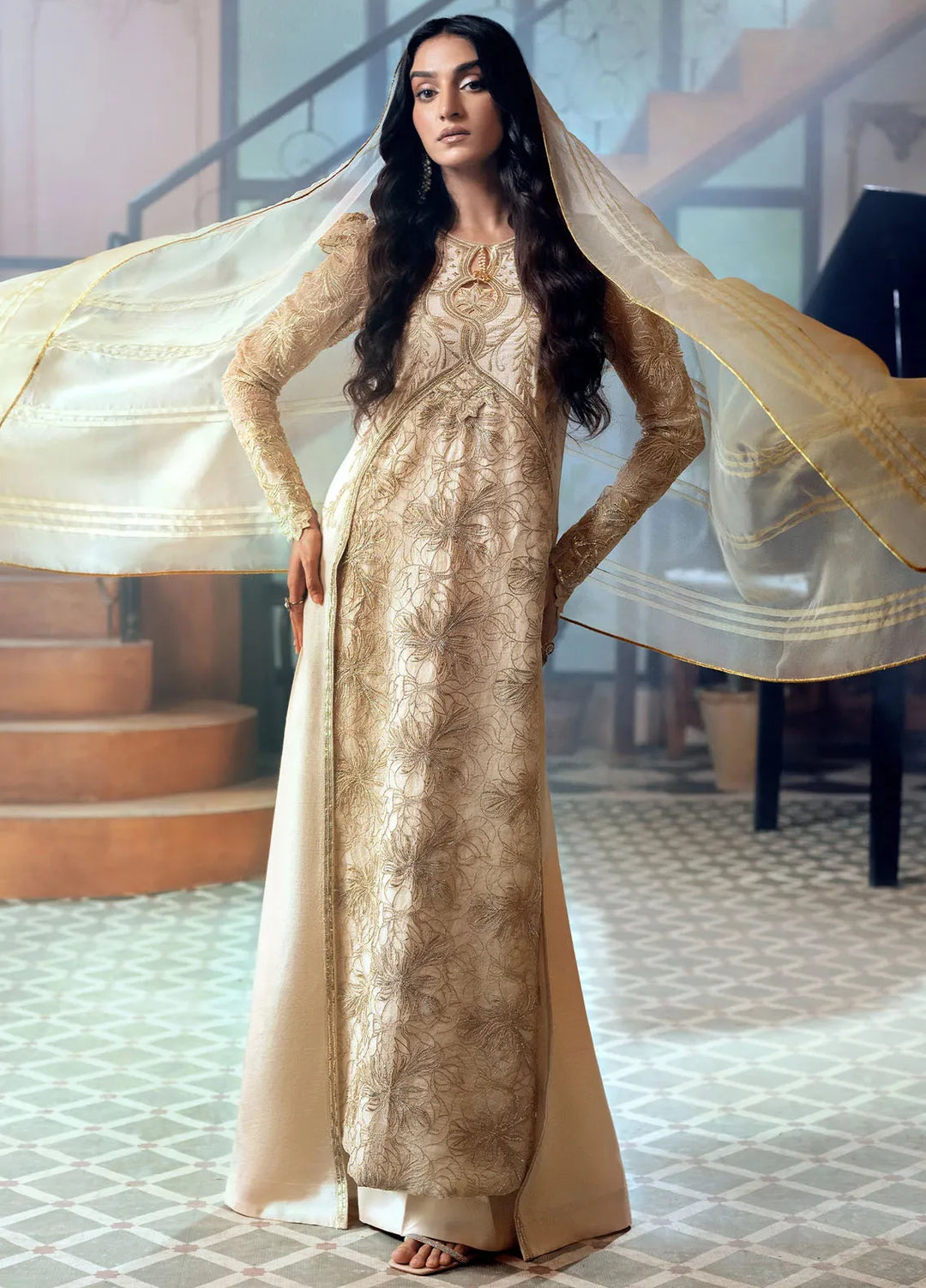 Jamnii Pret Embroidered Raw Silk 3 Piece Suit Ivory Glow