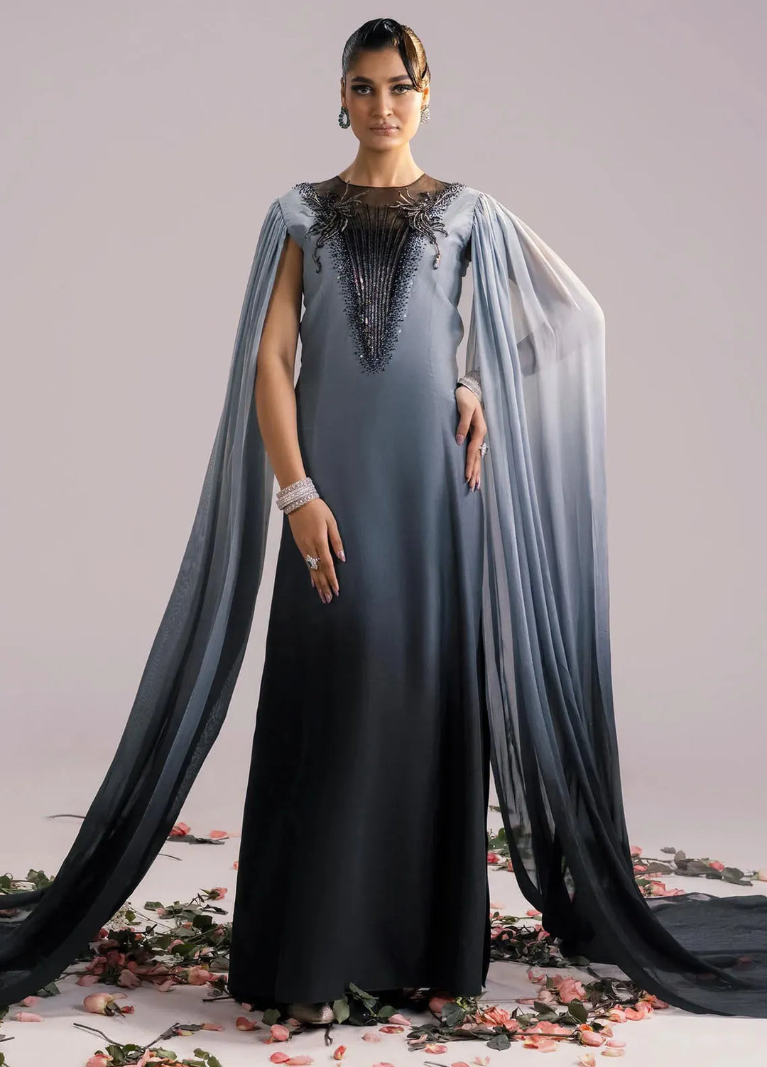 Jamnii Pret Embroidered Silk Ombre 2 Piece Suit Raven