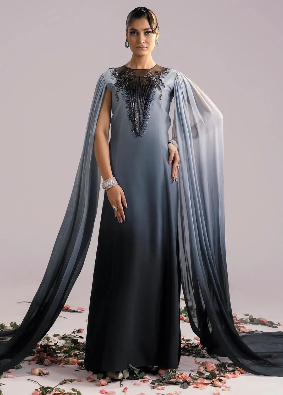 Jamnii Pret Embroidered Silk Ombre 2 Piece Suit Raven