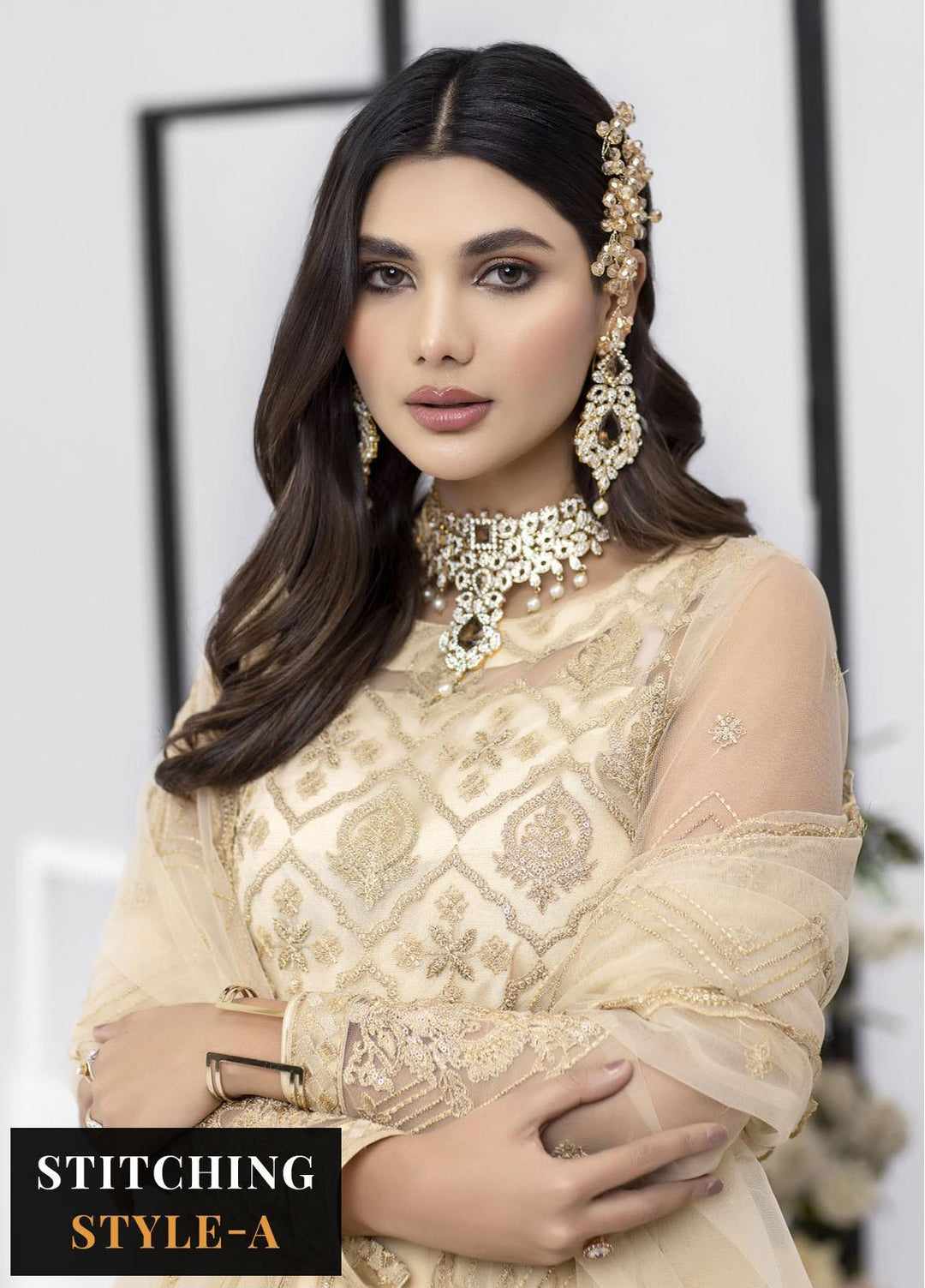 Jasper Suiting Embroidered Net Suits Unstitched 3 Piece JS23NTU 04-Dusty Gold - Luxury Festive Collection