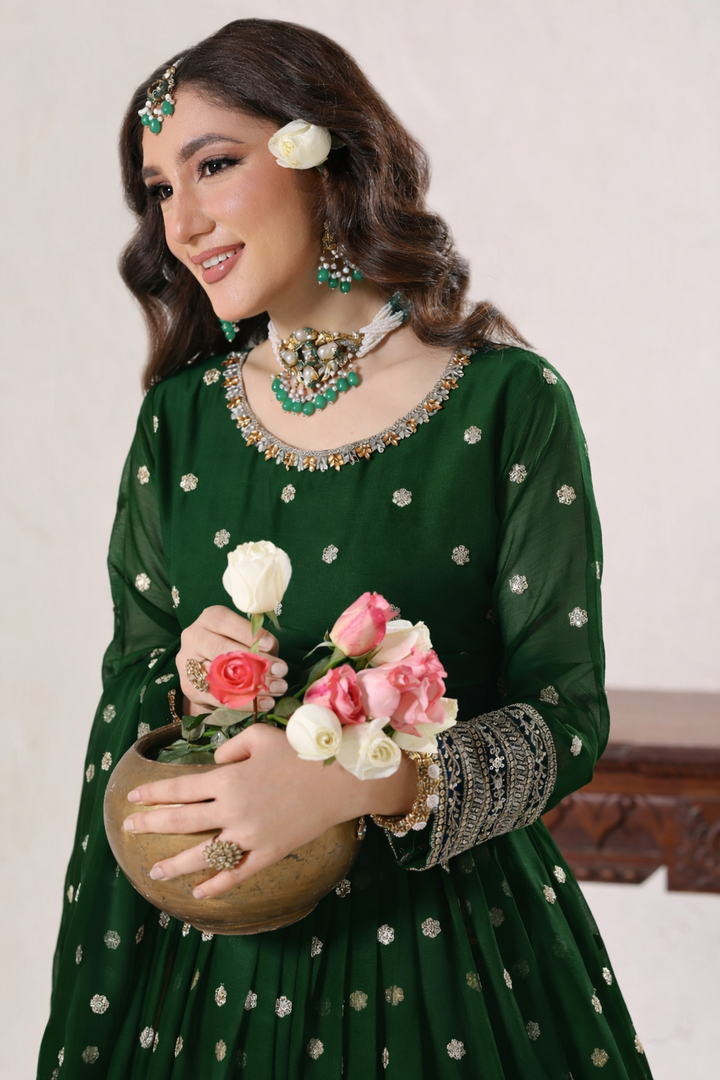 Unss Apparel Women Pret Embroidered Chiffon 3 piece suit Mayal Kai Green - Festive Collection