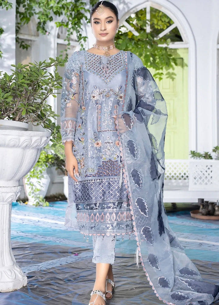 Ketifa Embroidered Organza Suits Unstitched 3 Piece Af 0107 Floral Gray - Formals Collection