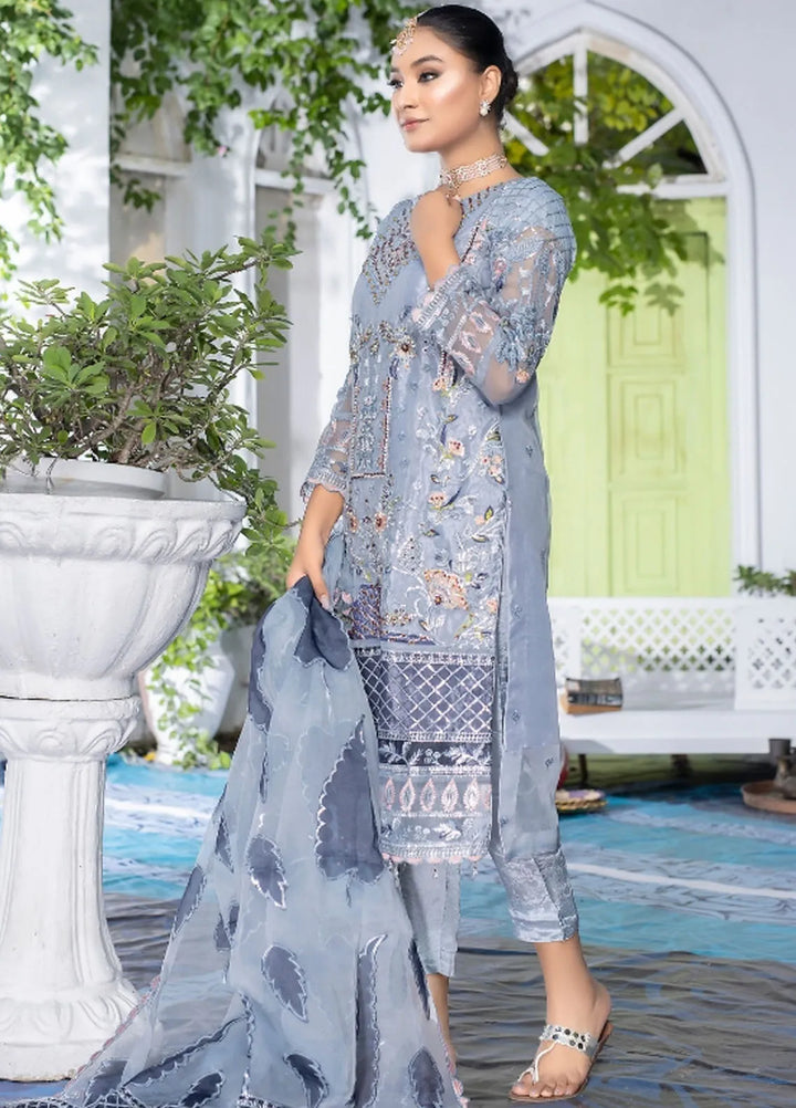 Ketifa Embroidered Organza Suits Unstitched 3 Piece Af 0107 Floral Gray - Formals Collection