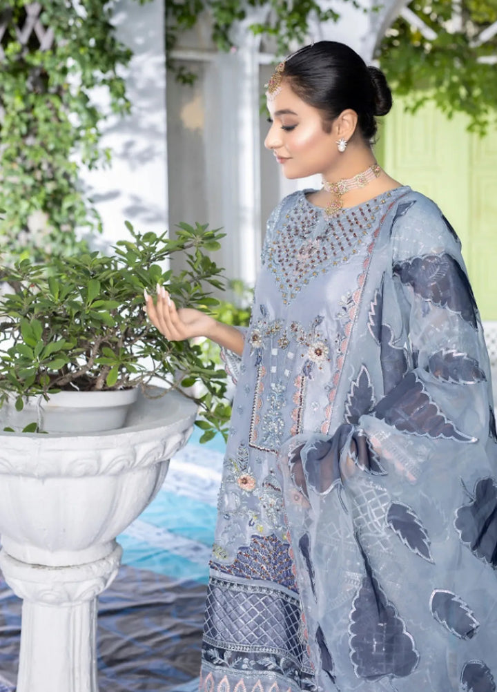 Ketifa Embroidered Organza Suits Unstitched 3 Piece Af 0107 Floral Gray - Formals Collection